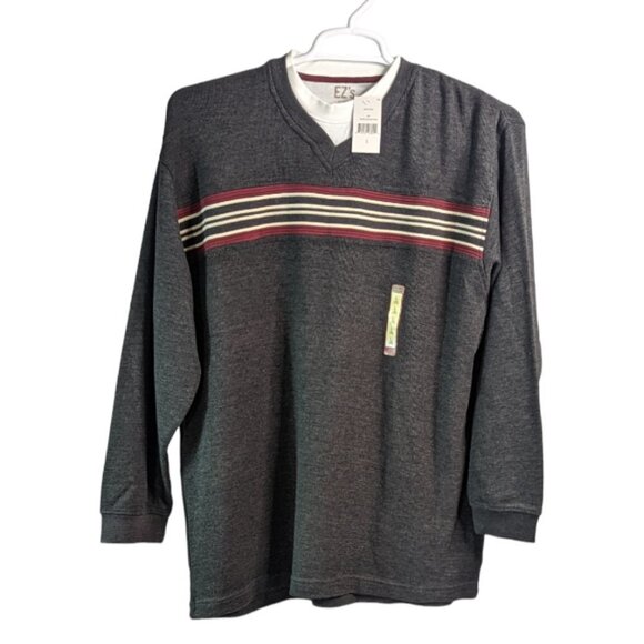 EZ'S HAGGAR Multi Color Stripe Rib Knit V-Neck Long Sleeve Shirt Gray Large - Picture 14 of 14